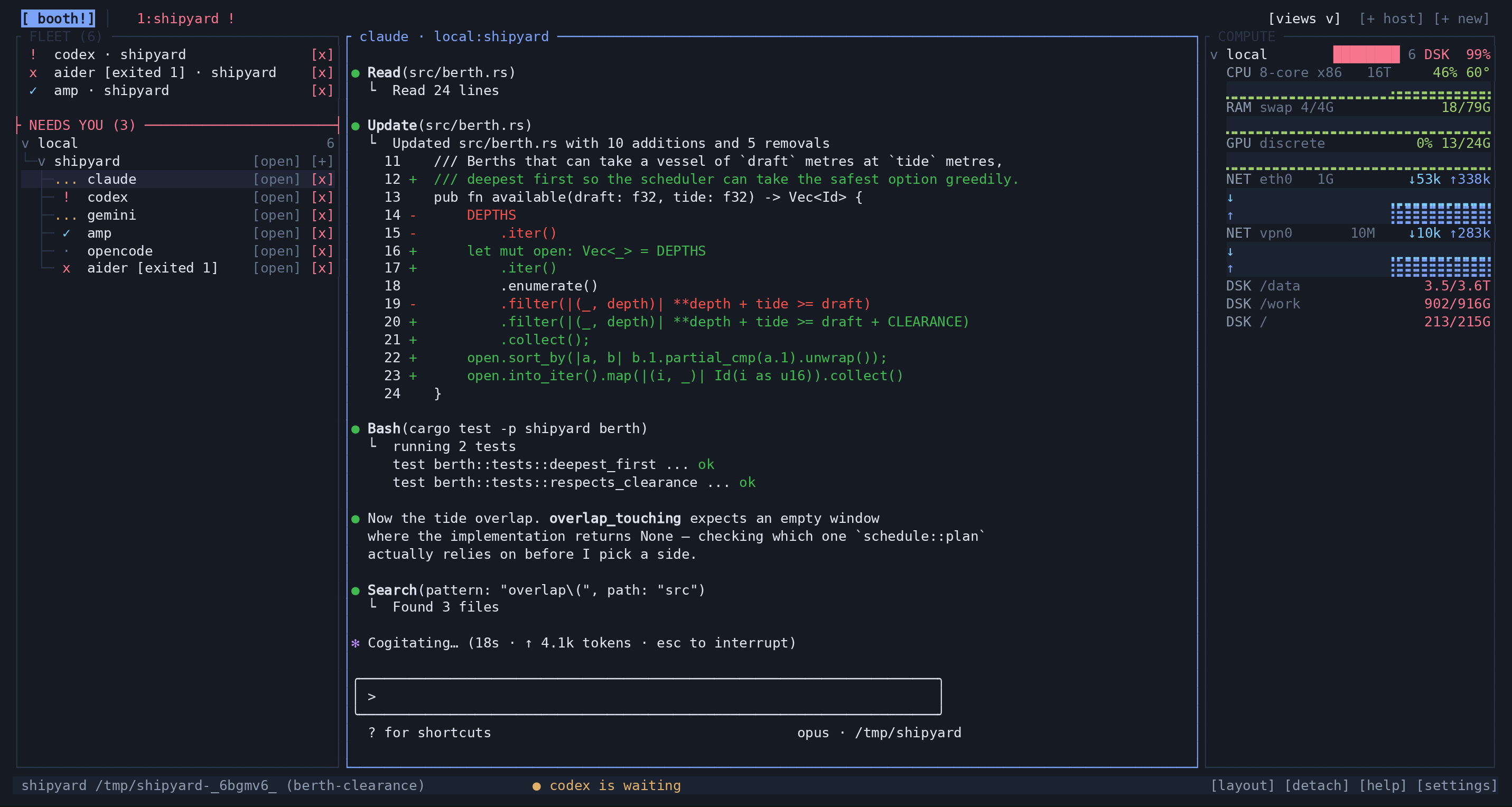 Booth shows the agent fleet, selected conversation, and machine readings together.