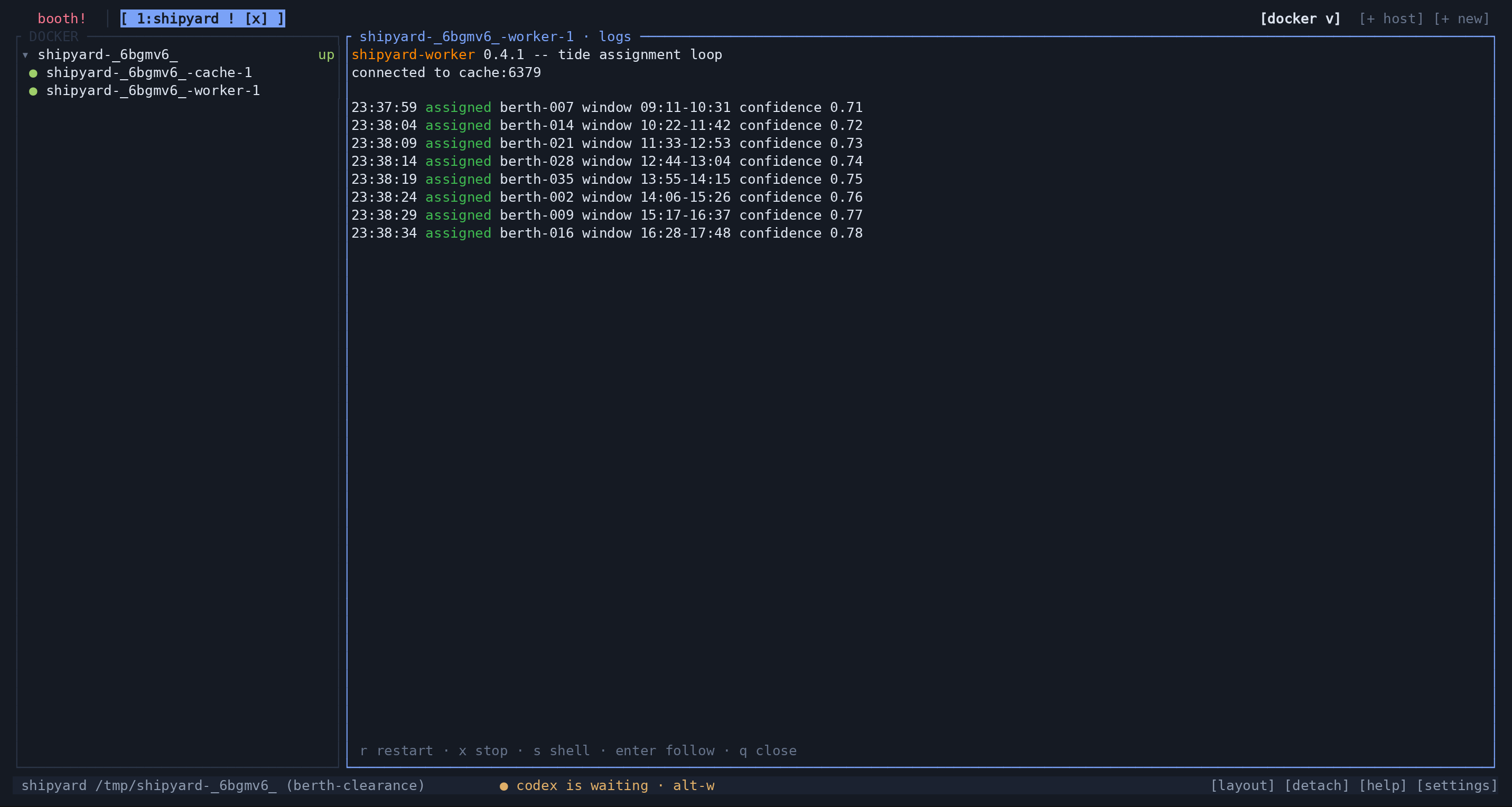 The complete Docker view with the Compose container list beside the worker’s logs.