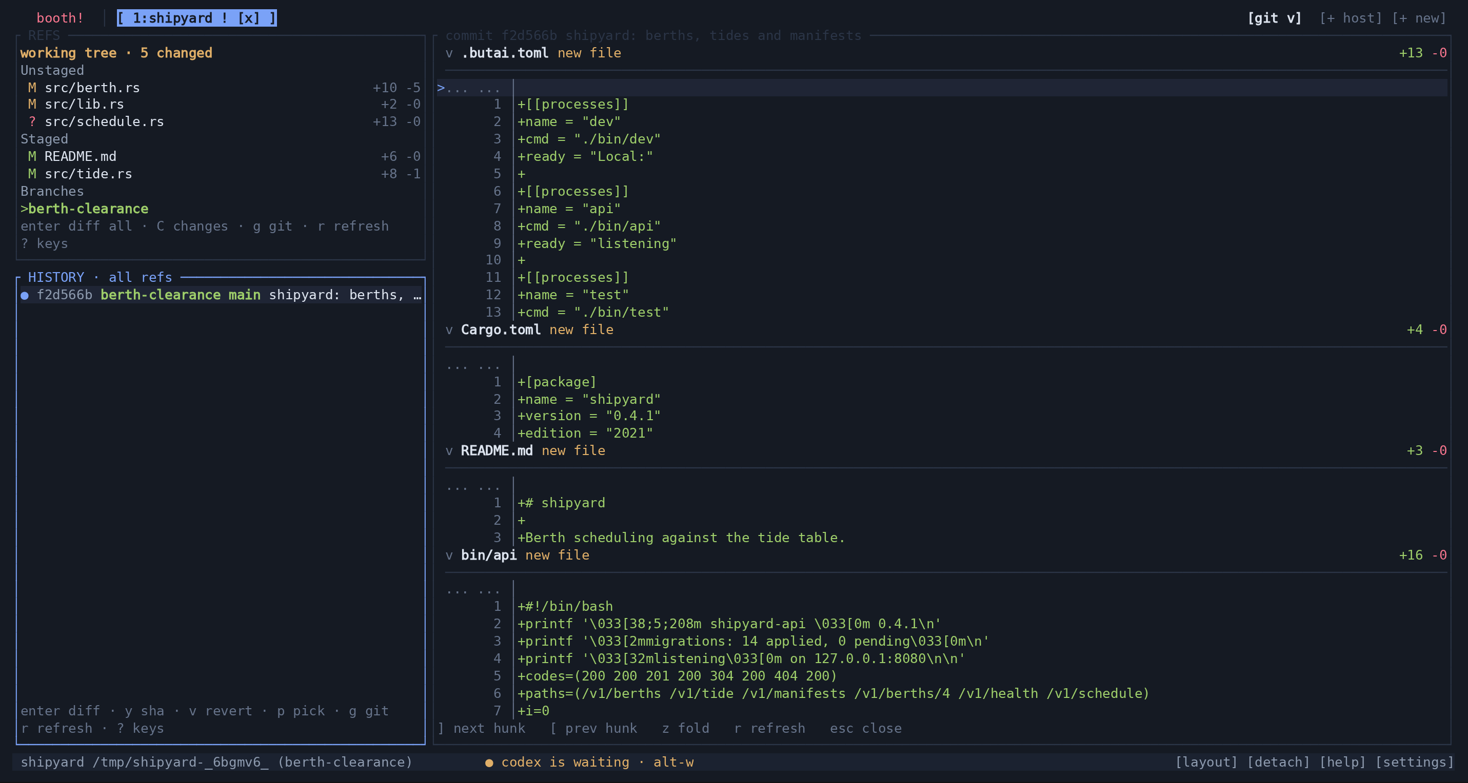 The complete Git view with refs above history on the left and an opened commit on the right.