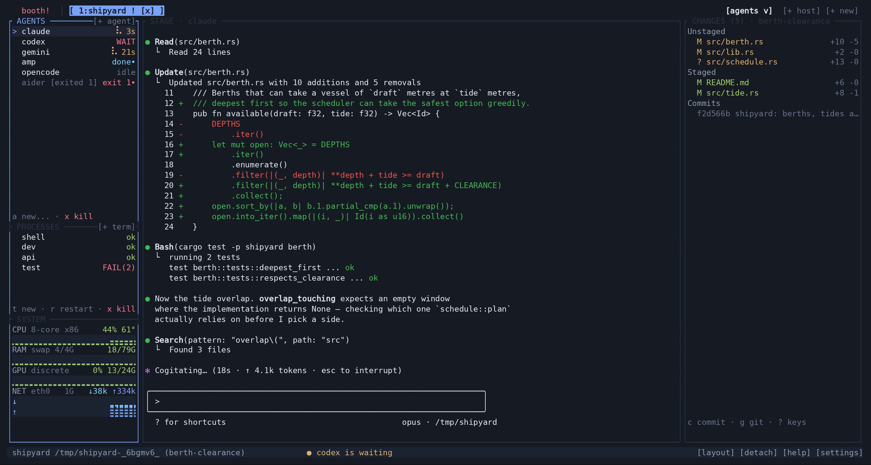 The complete agents screen, including agents, built-in terminals, system readings, the conversation, and Git changes.
